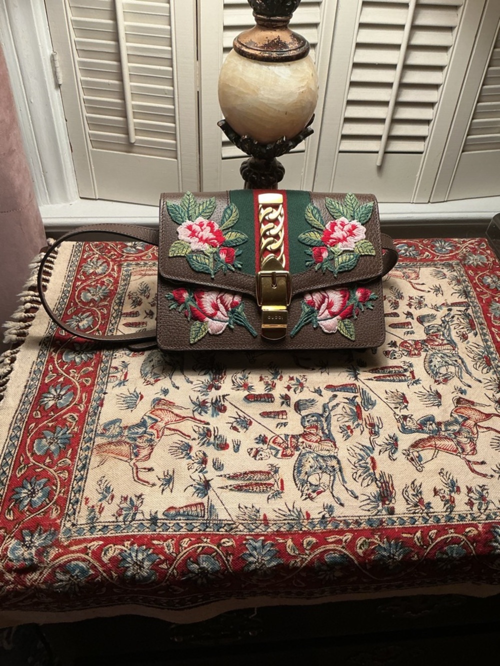 Authentic GUCCI brown calfskin embroidered Sylvie Bag